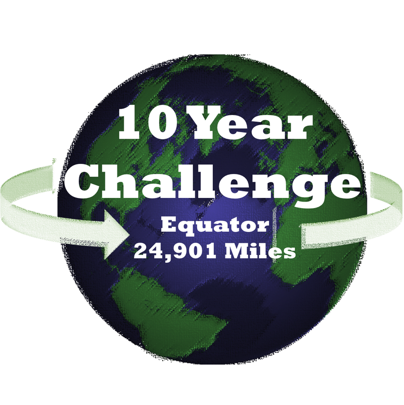 The 10 year challenge is my goal to walk/run/x-ski/swim the distance around the equator - 24,901 miles - from 2013 through 2022. See how I am doing: here